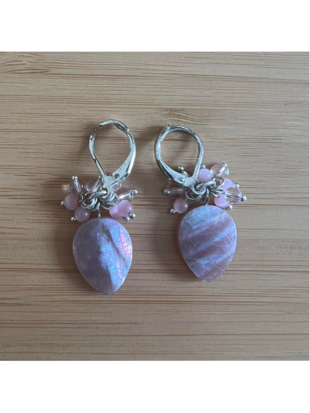 Handmade silver earrings with pink beads